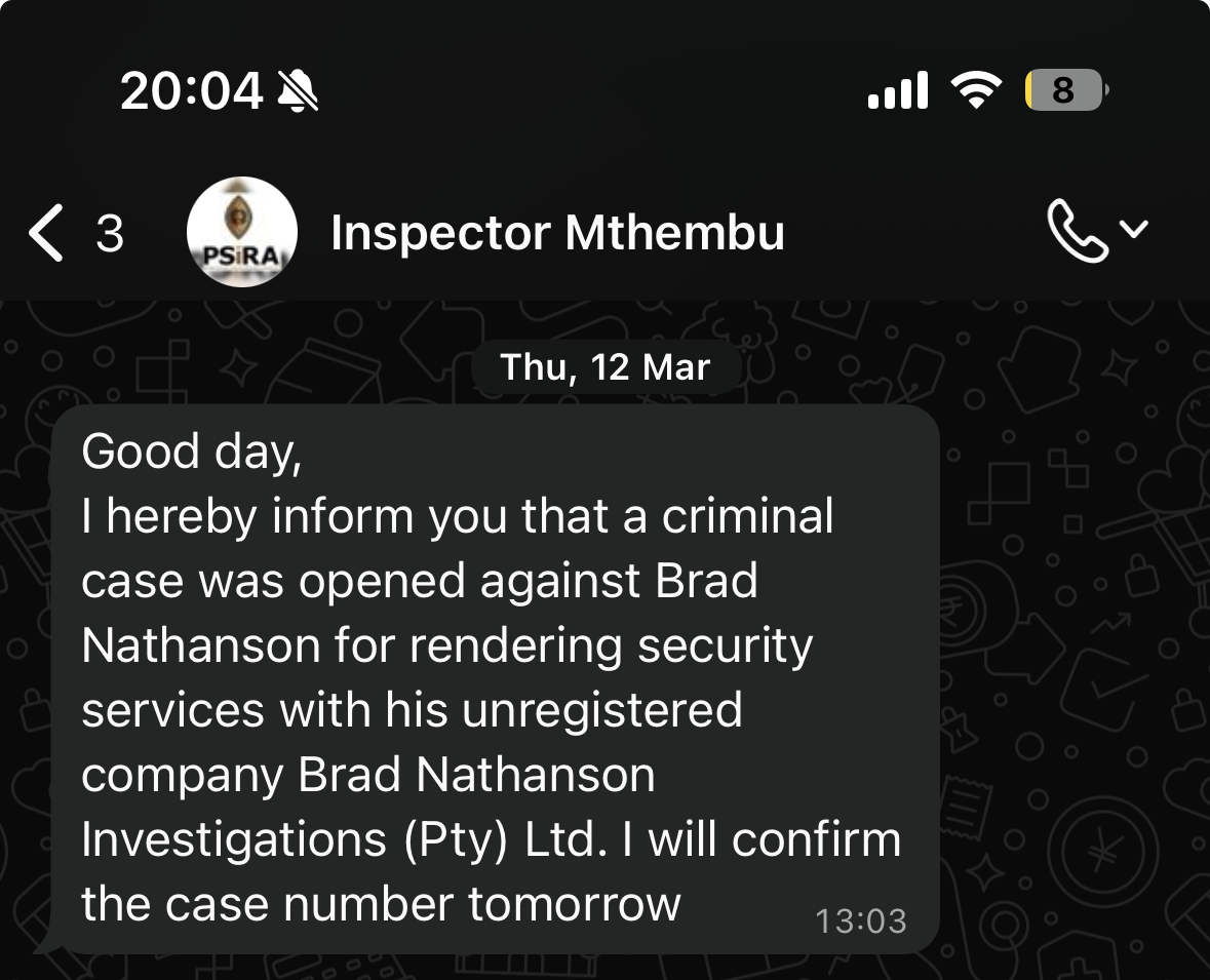 PSIRA charge documentation showing Brad Nathanson operating with lapsed private investigator registration, CAS 47/03/2026